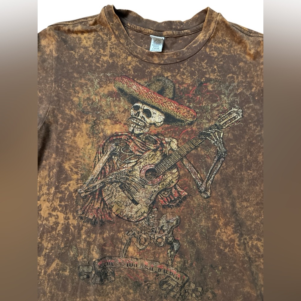 Mexican Mariachi Sugar‎ Skull Guy Brown Tie Dye T-Shirt Size Large Men’s
